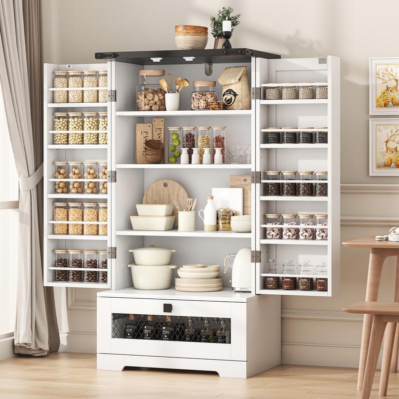 47" Pantry Cabinets with Adjustable Shelves and Drawer, Farmhouse Kitchen Pantry Storage Cabinet, Buffet Cupboards Sideboard for Kitchen, Dining Room, Living Room Use