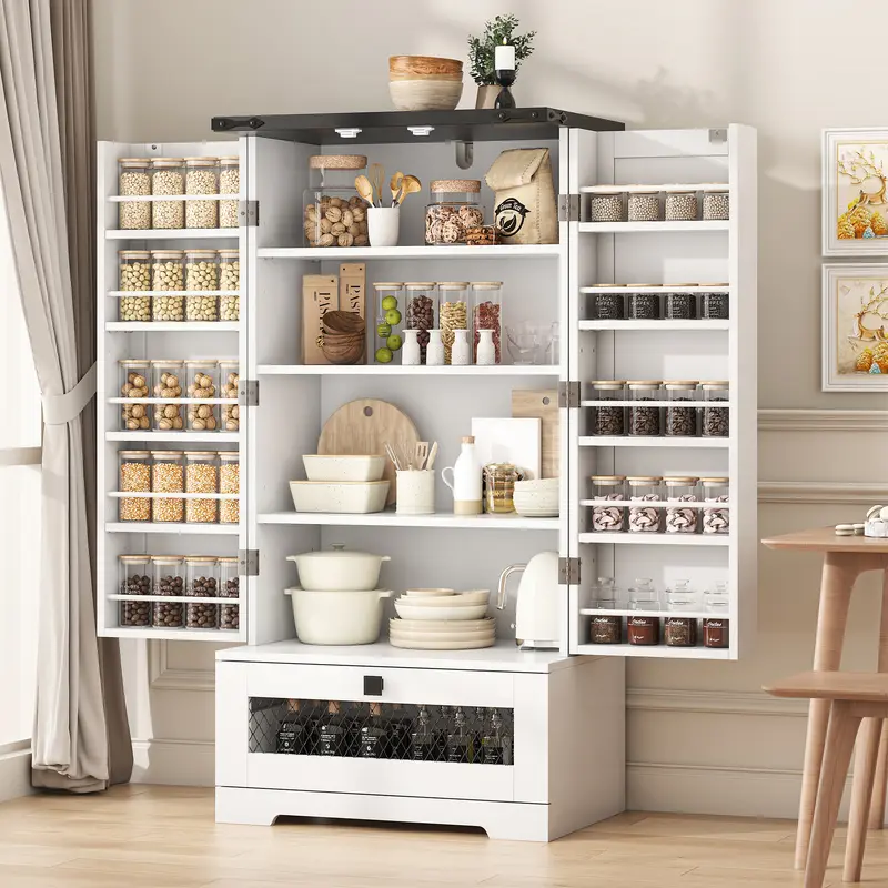 47" Pantry Cabinets with Adjustable Shelves and Drawer, Farmhouse Kitchen Pantry Storage Cabinet, Buffet Cupboards Sideboard for Kitchen, Dining Room, Living Room Use