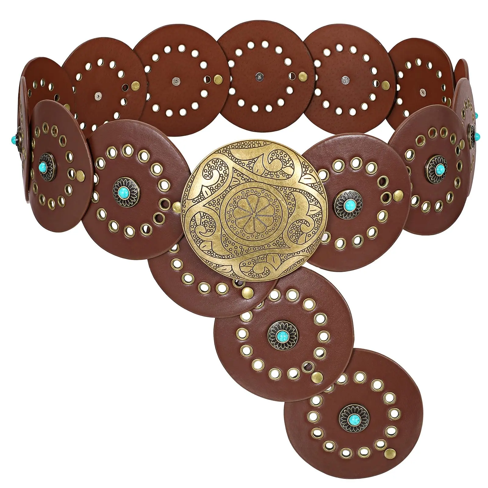 Western Disc Leather Belt Boho Concho Style Adjustable Fit Country Concert Y2K Concho Disc Belt: Vintage Style Faux Leather Boho Belt  main image 2