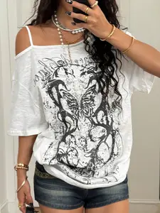 Women's Summer Daily Wear Y2K Hip-Hop Vintage Streetwear Knit Number Pattern Star Pattern Stretchy Comfortable Asymmetrical Neck Navy Over Size Shortsleeve Pullover T-Shirt For Music Festival Off The Shoulder Top