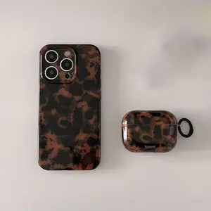Leopard Print Phone Case Set with Earbuds Case, Stylish Protective Cover, Compatible with iPhone 14–16 Pro Series, Shockproof Slim Design