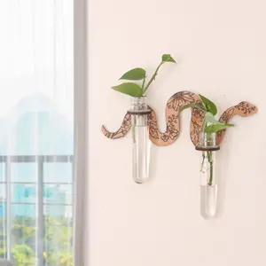 Snake Shaped Wooden Wall Mounted Hydroponic Plant Holder, Modern Wall Decor with Plastic Tubes, Unique Hanging Propagation Station for Indoor Plants