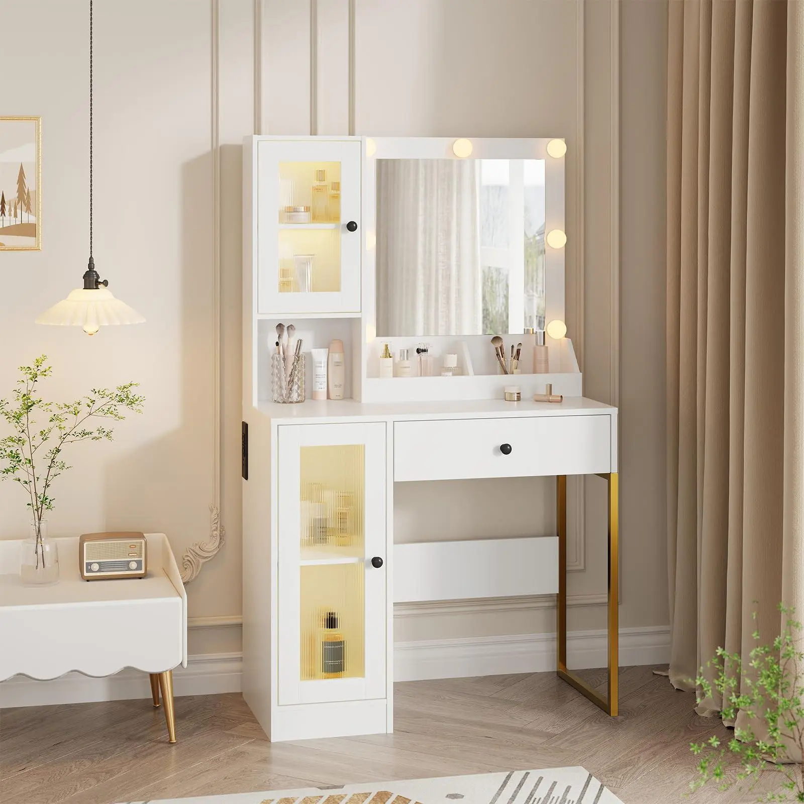 Makeup Vanity Desk with Mirror and Lights, Vanity Table with Charging Station, 2 Open Compartments, 2 Acrylic-Door Cabinets & RGB Lights, Dressing Table for Bedroom, Weathered Oak