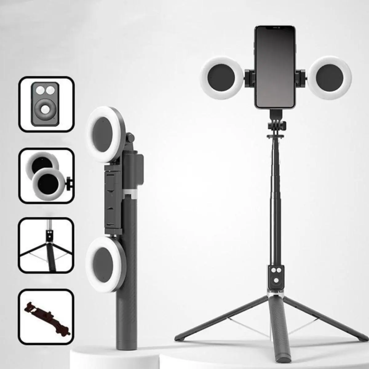 67Inch Aluminum Alloy Phone Selfie Stick with 2 Fill Light, Multifunctional Remote Control Selfie Stick, Live Streaming Tripod for Mobile Phone, Tripod Stand for Vlogging, Gimbal, Photography, Camera Cellphone Smartphone Black tripod ring light moving