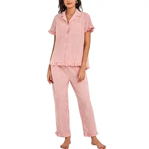 Women's Striped Pajama Set, Cotton Button-Down Sleepwear, Short Sleeve Top Long Ruffle Pants with Pockets, 2-Piece Soft PJs, Loose-fit Lounge Set Homewear Bottoms Cozy Comfort Elegance - Womenswear, Asymmetrical, Loungewear