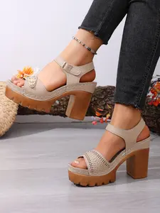 Summer women's lightweight high-heeled sandals, elegant heeled sandals, adjustable buckle women's shoes, adjustable strap platform, comfortable PU sandals, solid color design, metal buckle decoration design