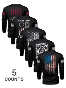 Men's 5-Piece Set Round Neck Flag Print Long Sleeve Knit T-Shirts, Casual Fitted Design, Comfortable Fashion for Daily Wear & Outdoor Activities, Knitwear, Clothes