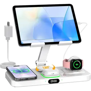 30W Charging Station for Apple Products, Foldable Wireless Charger with Clock Display&7 Color Light, Wired Charging for iPad/Tablet Charging Station for iPhone16, for Apple Watch10 for AirPods4(Cream