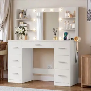 Makeup Vanity Desk with Mirror, Lights & Power Outlet Vanity Table with 7 Drawers and 6 Storage Shelves for Bedroom, White