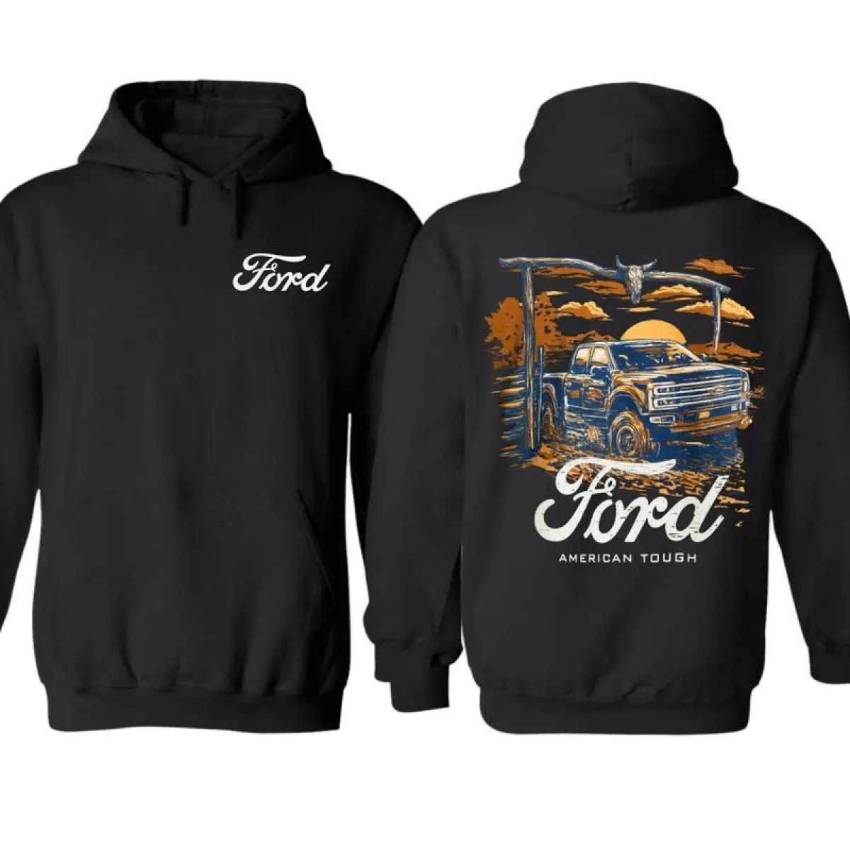 Ford American Tough Guy Hoodie Western Sunset Truck Pattern with Long Horned Cow Skull Door Sturdy Country Design Suitable for Pickup Enthusiasts Ford Truck Fans Christmas Gift, Holiday Gift, Birthday Gift, Fashionable and Comfortable, U fabric streetwear