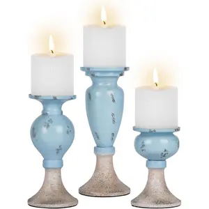 Farmhouse Coastal Candle Holder: Pillar Candle Holders for Living Room Bathroom - Beach Candle Stand for Table Centerpieces Rustic Candleholder Set of 3  Decor for Fireplace