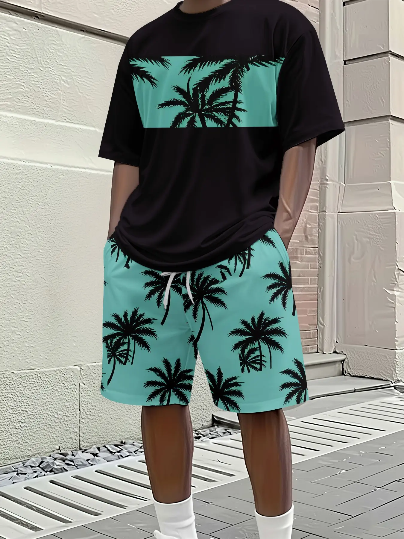 Tropical Coconut Tree Casual 3D Digital Printed Two-piece Set, 2Pcs, Trendy Fashion Outfit Set, Trendy Retro Casual Two-piece Suit, Vacation-style Trendy Wear, Breathable Sports Casual Style, an Ideal Holiday Gift for Men, Short