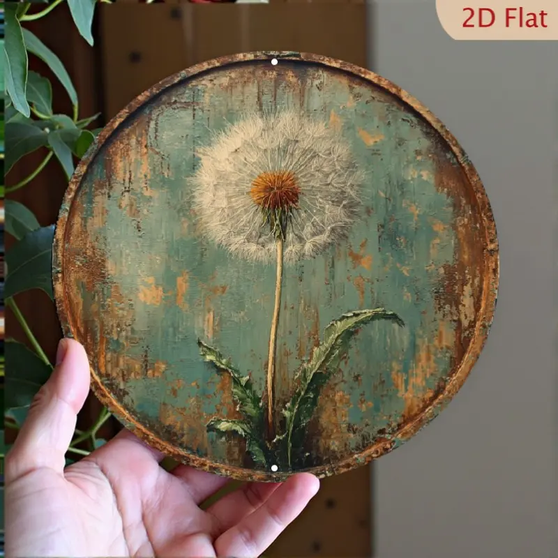Vintage Aluminium Dandelion Round Metal Sign - Rustic Home Wall Decor for Living Room, Autumn Garden Yard Art, Holiday Gift Idea