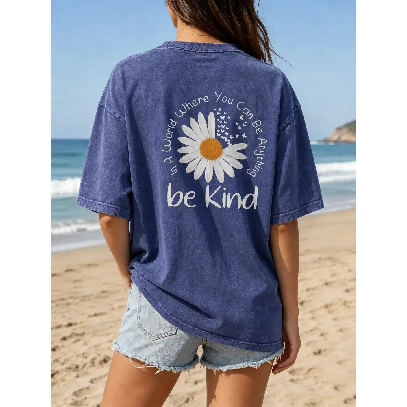 MuseBeau Women's Distressed Washed Cotton T-Shirt - Premium DTG Printing, Be Kind Slogan, 3 Front Daisies, Back Giant Daisy Butterfly Text, Vintage Indie Grunge, Non-Cracking Print, Unisex Retro Everyday Top
