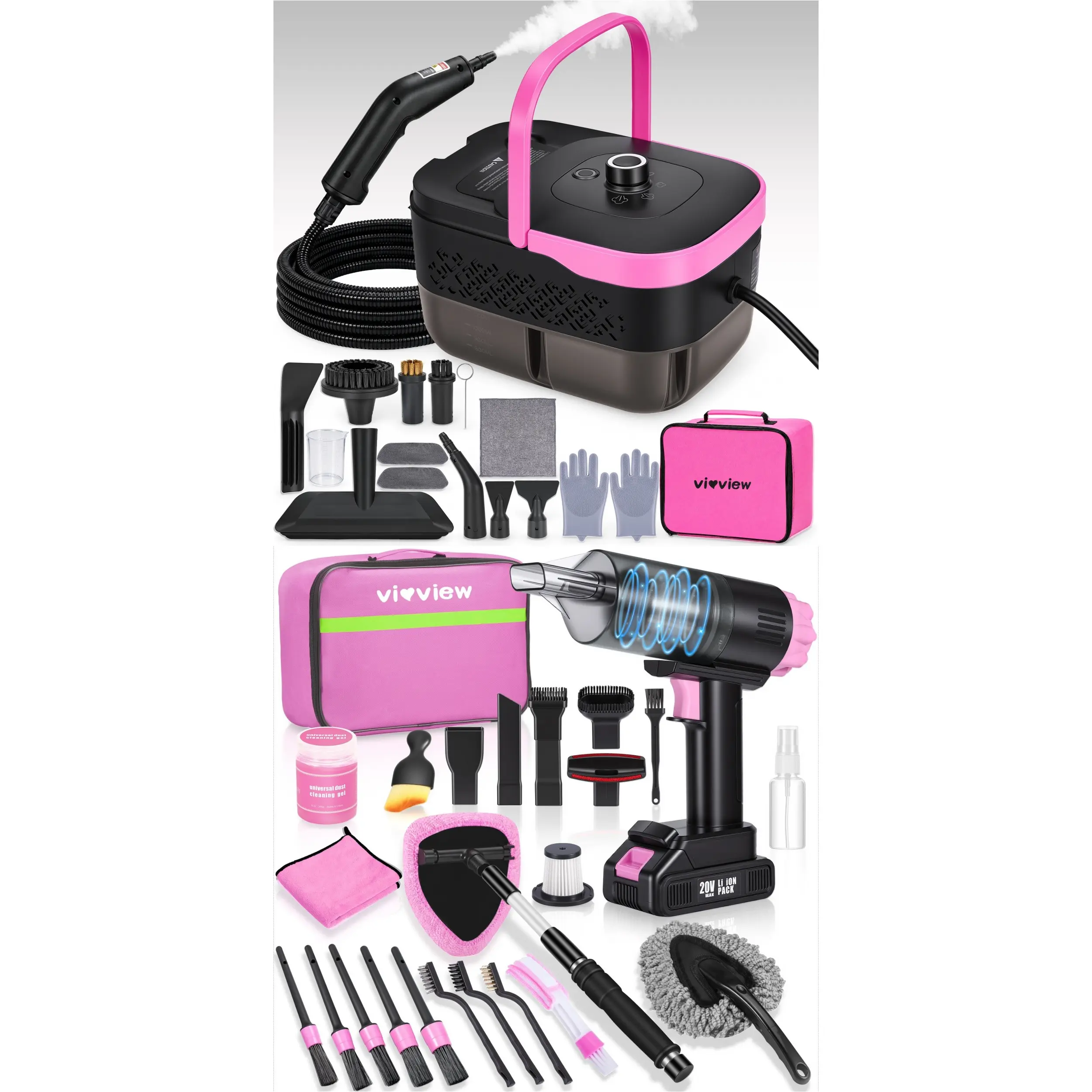 Pink Home & Car Cleaning Bundle, Handheld Steam Cleaner with 18pcs Accessories & 20,000Pa Cordless Car Vacuum, 3-Level Adjustable Steam Cleaner, Windshield Cleaner, Cleaning Gel & Detailing Tools