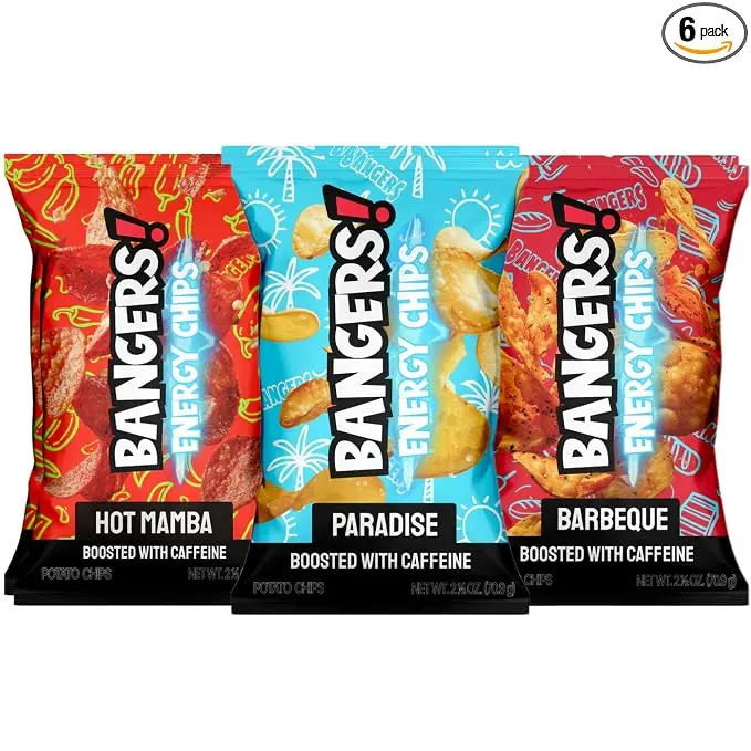 BANGERS! Crunchy Cake-Infused Energy Snack Crisps - 6-Pack, 200mg Caffeine Per Bag