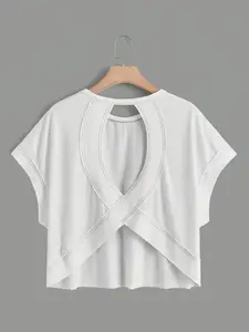 Women's Batwing Sleeve Loose Round Neck Hollow Back Short Sleeve Top, Breathable Sporty Casual Wear, Perfect for Sports and Leisure, Athletic Top