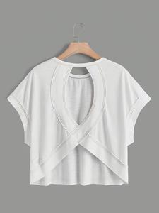 Women's Batwing Sleeve Loose Round Neck Hollow Back Short Sleeve Top, Breathable Sporty Casual Wear, Perfect for Sports and Leisure, Athletic Top, Fitness Sport Top