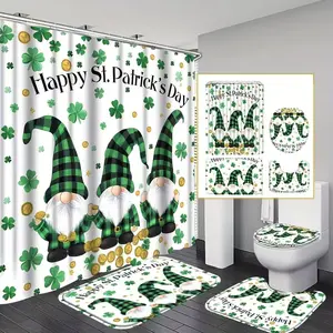 1/4pcs St. Patrick's Day Theme Shamrock & Irish Gnome Bath Curtain Set with Non-Slip Mat, U-Shaped Rug, Toilet Cover, 12 Hooks Included, Shower Curtain Sets