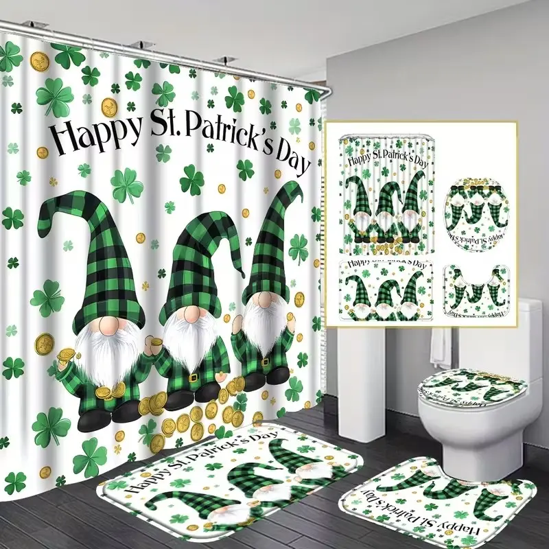 1/4pcs St. Patrick's Day Theme Shamrock & Irish Gnome Bath Curtain Set with Non-Slip Mat, U-Shaped Rug, Toilet Cover, 12 Hooks Included, Shower Curtain Sets