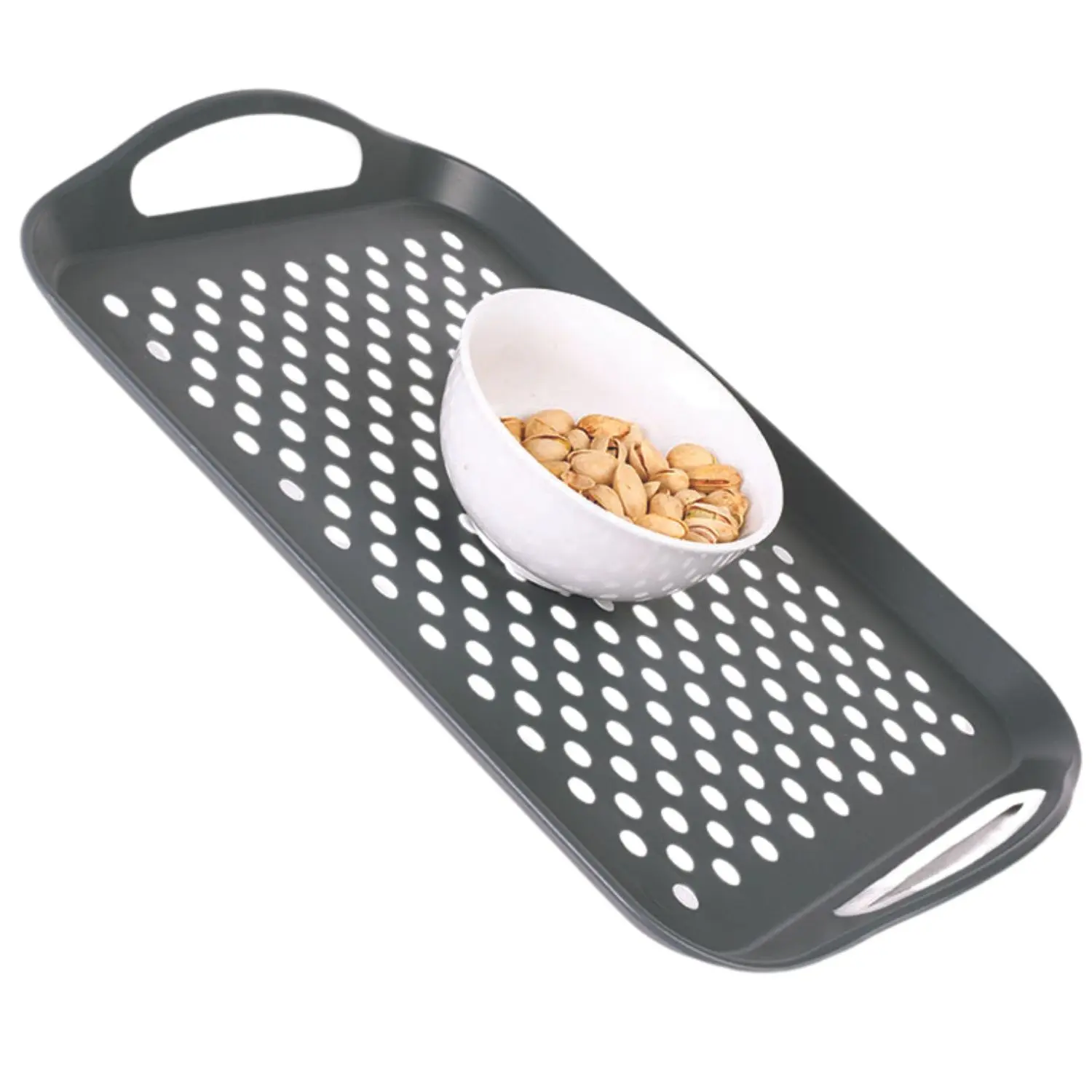 Small BPA-Free Silicone-Lined Gray Non-Slip Grid Plastic Food Tray - Polka Dot, Indoor Use, Easy-Grip Handles, Lightweight Portable Kitchen Tray for Kids Bed Serving & Drinking