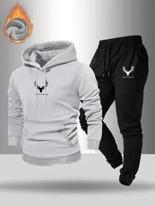 TikTok Trending Streetwear Set, Gray Hoodie & Black Pants with Deer Graphic Print, Fleece - Lined for Warmth, Perfect for Black Friday & Cyber Monday Deals, Ideal for Casual Outfits During TikTok Shop Black Friday Sales and Christmas Gift Ideas