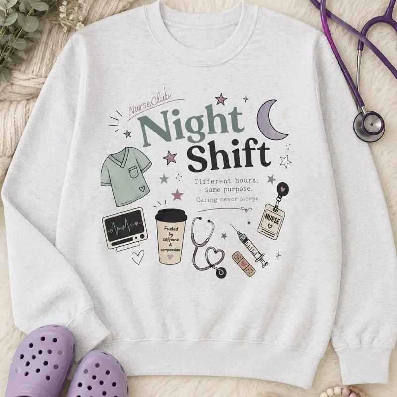 Night Shift Nurse Crewneck Sweatshirt | Nurse Scrubs, Stethoscope, Coffee