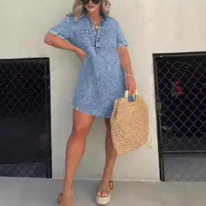 2025 women's casual plus size short skirt comfortable lapel pocket short sleeve denim dress