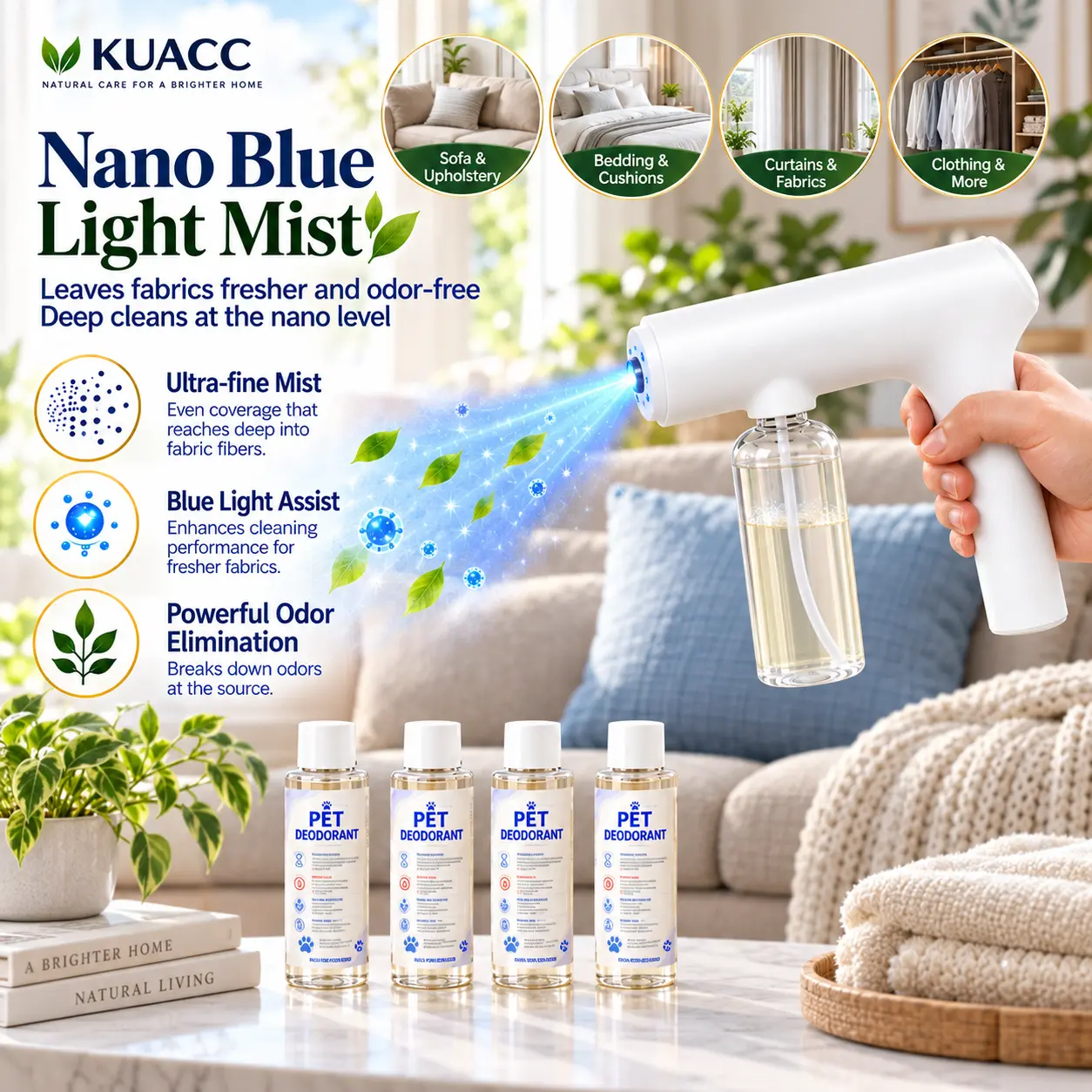 Nano Blue Light Probiotic Deodorizer, indoor odor removal, pet deodorant. Bio-enzymes break down urine, disinfect and deodorize, Plant-extracted, safe and non-toxic for pets, Floral scent Air Freshener Spray