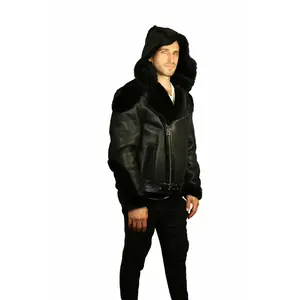 DODICI Men's Sheepskin Shearling Moto Jacket with Hood