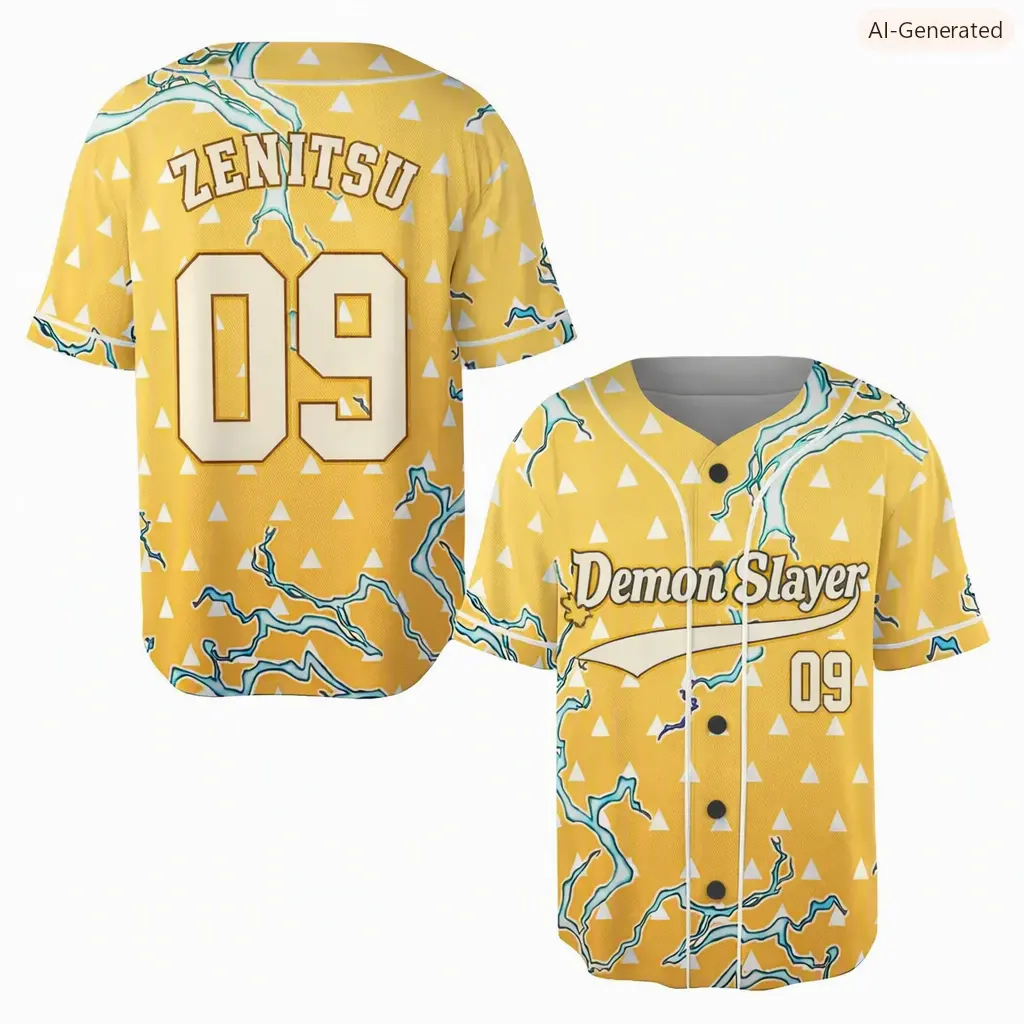 Zenitsu Agatsuma Demon Slayer Anime Baseball Jersey, Premium Yellow Lightning Cosplay Shirt, Soft Breathable Athletic Streetwear Jersey for Fans Gift