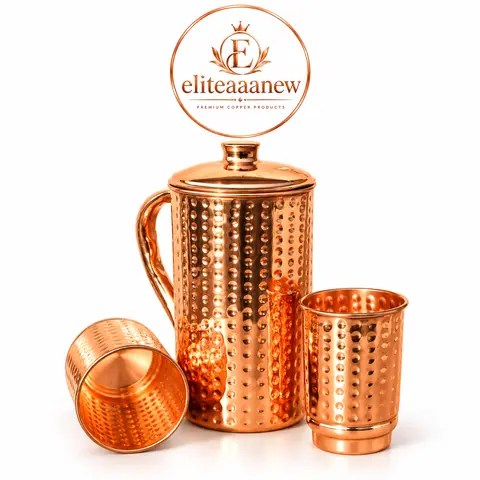Pure Copper Hammered Water Jug With 2 Tumblers Set - Pitcher Holds 50.7 US Fluid Ounce - Embrace Health Benefits With Premium Copper for Refreshing Hydration and Holistic Living