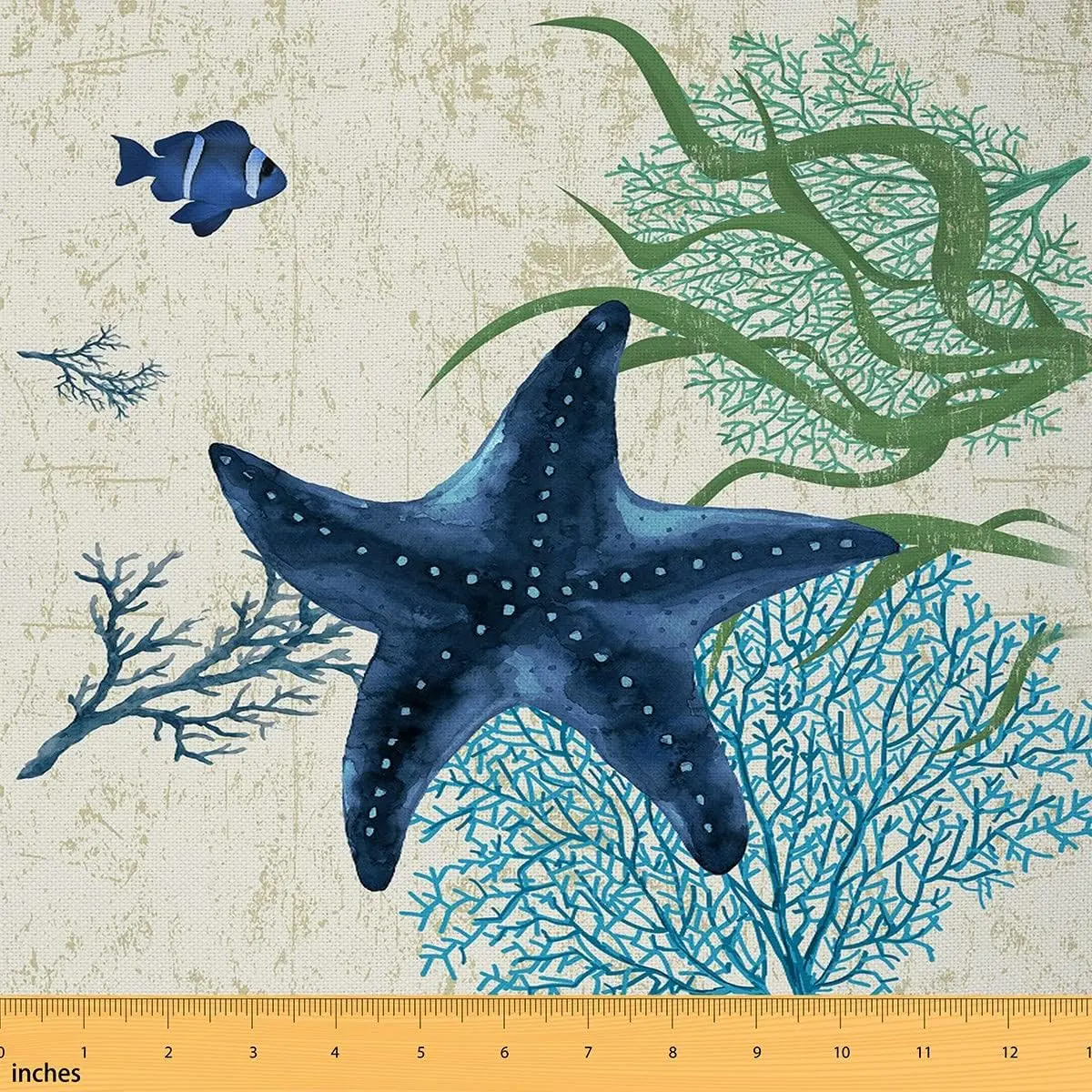 Feelyou Tight-Woven Polyester Colorful Starfish Coastal Print 1yd Fabric - Waterproof Coral Teal-Ocean Blue-Green Medium Weight Furniture Upholstery Textile, Multi-Size for Indoor-Outdoor Use/Decoration