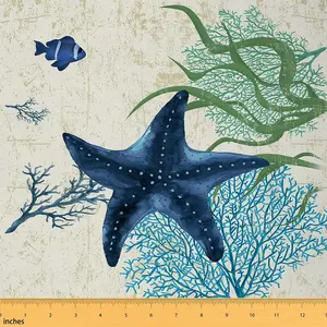 Feelyou Colorful Tight-Woven Polyester Coastal Print Fabric by the Yd - Starfish Design, Waterproof Coral Teal & Ocean Blue-Green Upholstery Textile, Multi-Size for Indoor & Outdoor Use/Decoration