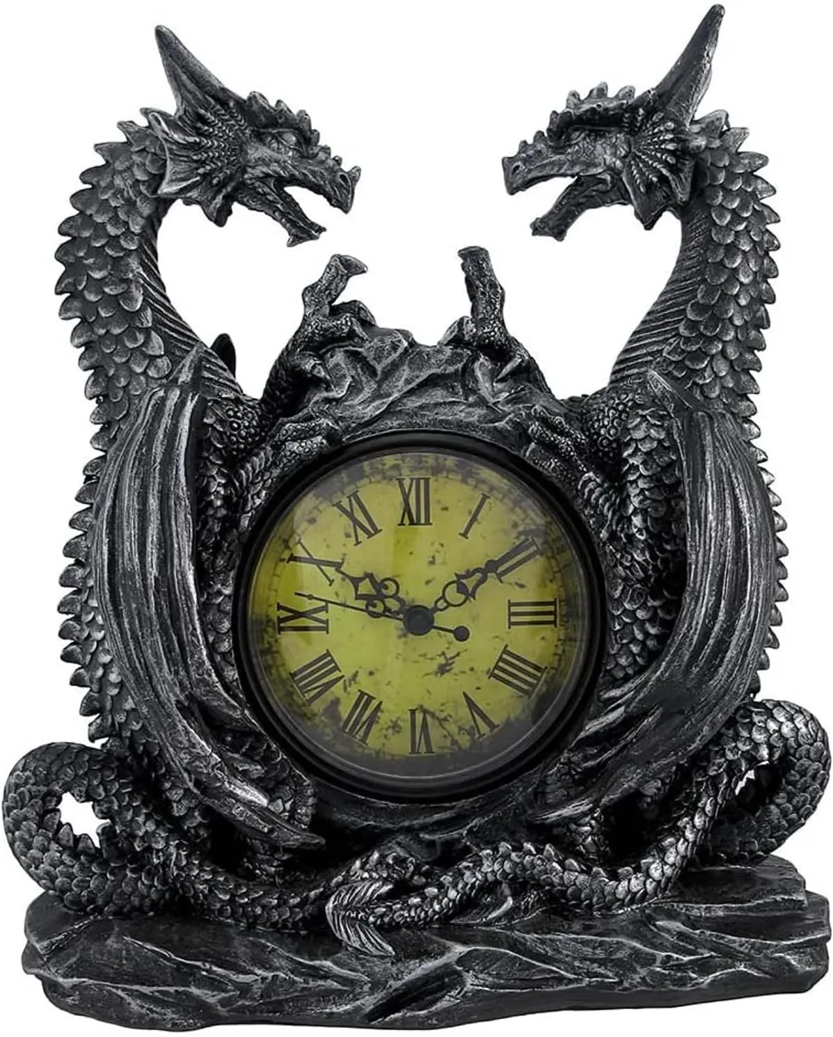 Twin Evil Dragons Antiqued Mantel Clock Table Desk | 11.25 X 10 X 3 In., 10 In. Diameter Face, Gray Cold-Cast Resin, Runs on 1 AA Battery