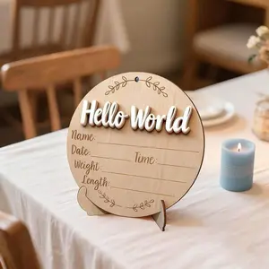 ROSY x Round Wooden Hello World Newborn Announcement Sign With Ink Pad For Hand Footprints 5 9 Inch Green