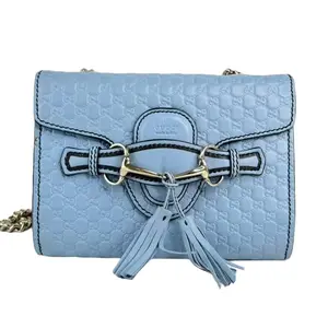 Pre-owned GUCCI Leather Crossbody Bags GG Logo Printed Blue Small Emily Chain Flap Crossbody Bag