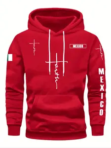 Men's Mexican Flag Cross Drawstring Graphic Hoodie with Pocket, Casual Street Style, Fitted Regular Fit, Fall & Winter Wear, Daily & Formal Occasions