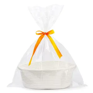 Small Woven Easter Basket with Gift Bags and Ribbons Durable Baskets for Gifts Empty Small Rope Basket for Storage 12"X 8" X 5" Baby Toy Baskets with Handles, White