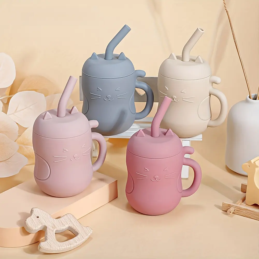 Baby Learning to Drink Cup with Straw & Leak-Proof Lid - Soft Food Grade Silicone Training Cup Suitable for,, - Feeding Cup with Straw (Hand Wash Only) - Cute Cat (Grey///)