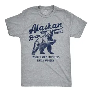 Mens Funny T Shirts Alaskan Bear Tours Sarcastic Graphic Novelty Tee for Men Mens Funny T Shirts Cool Vintage Fashion T-Shirt Gift Classic Menswear Sarcastic Apparel for Men Funny Animal Short Sleeve Novelty Light Grey