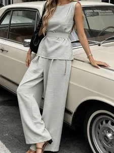 Two piece fashionable Korean style gentle casual Fitted suit for women's summer, sleeveless vest top, high waist hanging straight leg pants, fashionable, suitable for home, indoor, and outdoor wear
