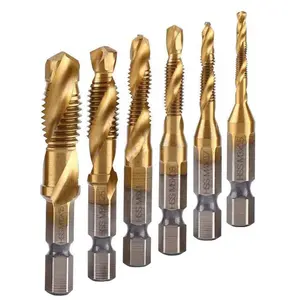 6 count Titanium Combination Drill and Tap Bit Set, Metric Drill Tap Bits Screw Tapping Bit Tool 1/4" Hex Shank 3 Functions in 1