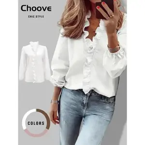Women's Elegant V Neck Blouse with Ruffles, Loose-Fit Woven Shirt for All Seasons, Plain Pattern Casual Top for Office Wear