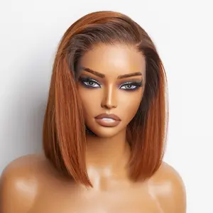 Ginger Ombre Silky Blunt Cut Glueless 13x4 Frontal Lace Short Bob Wig 100% Human Hair