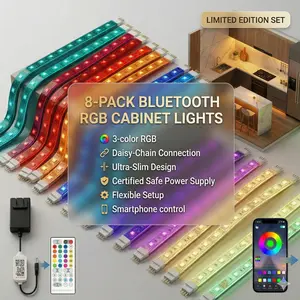 Bluetooth RGB LED Under Cabinet Lights (8-Pack), Smart App Control Color Changing Strip Lights with Remote, Music Sync & Dimmable for Kitchen, TV Backlight, Bedroom & Shelf, 12V Plug-in lamp Flexible