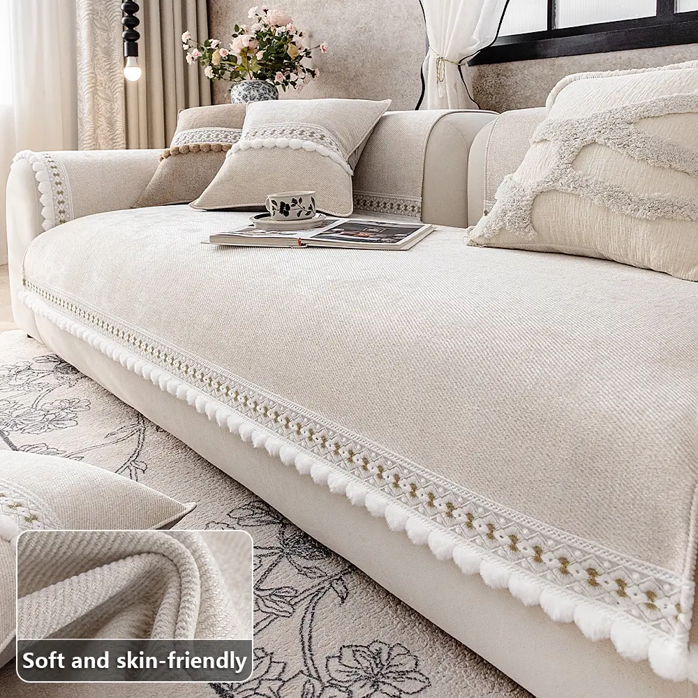 1PC Fashion Classic Chenille Twill Sofa Cover - Bohemian Pom-Pom Trim Design. Scratch-Resistant, Dust-Proof, Non-Slip, Stain-Resistant & Pet-Friendly. Fits 1/2/3/4-Seater Sofas, Machine Washable, All-Season Usable for Living Rooms, Soft Sofa Protector.