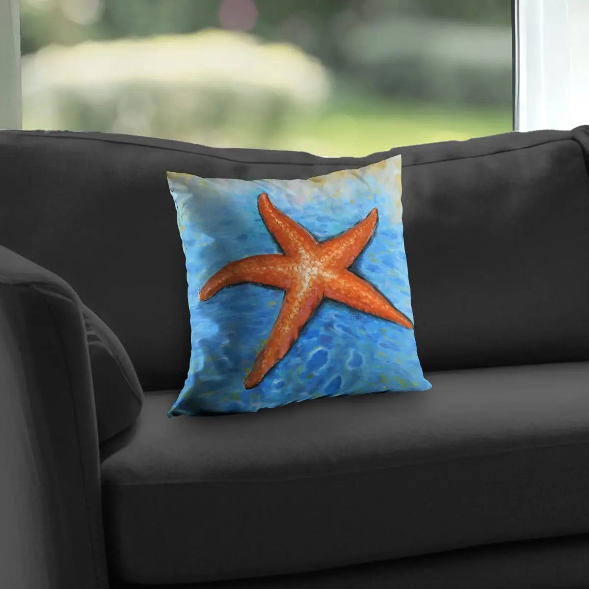 360 Stand 14x14 in. Starfish Orange Poly Twill Throw Pillow - Coastal Vibe, Marine Theme Starfish Print, Easy-Clean Coastal Home Decor Textile Soft Furnishing, Easy Cleaning, Interiors, Accents, Twill Weave