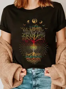 100% Cotton Phases of the Moon Retro 60's 70's Vibe Tree of Life T-Shirt Fabric Summer
