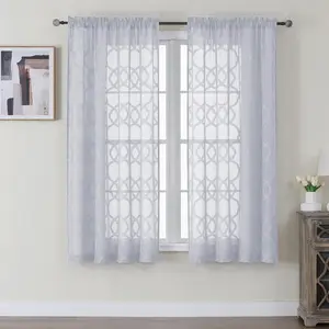 Sheer Gray Curtain 63 Inch Length 2 Panels Set for Living Room Bedroom, Light Filtering Geometric Jacquard Clip Textured Short Semi Sheer Curtains, Curtains Drapes, Each 42x63 inch